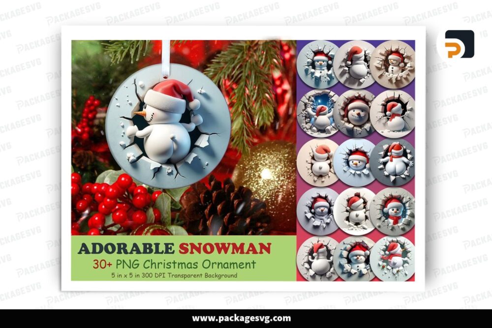 3D Adorable Snowman Ornament PNG Bundle, 30 Sublimation Designs LP813S93