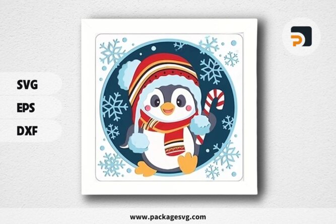 3D Christmas Penguin Shadowbox, Xmas SVG Paper Cut File LPUPG3O7 (1)