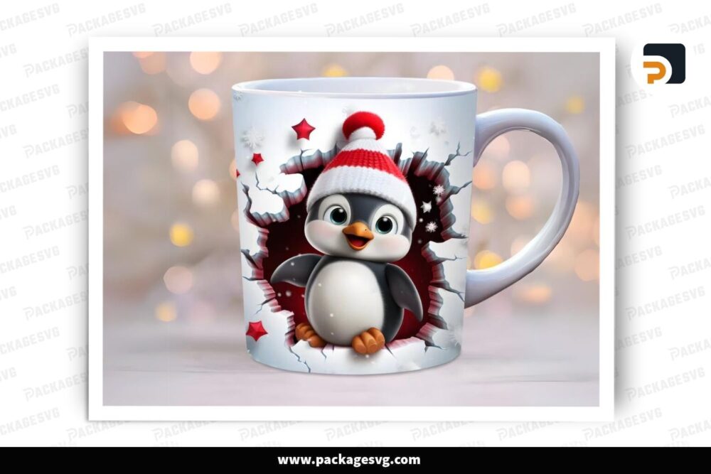 3D Cute Baby Penguin Sublimation Design, 11oz 15oz Skinny Mug Wrap