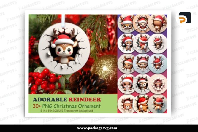 3D Cute Reindeer Ornament PNG Bundle, 30 Sublimation Designs LP81R7VA