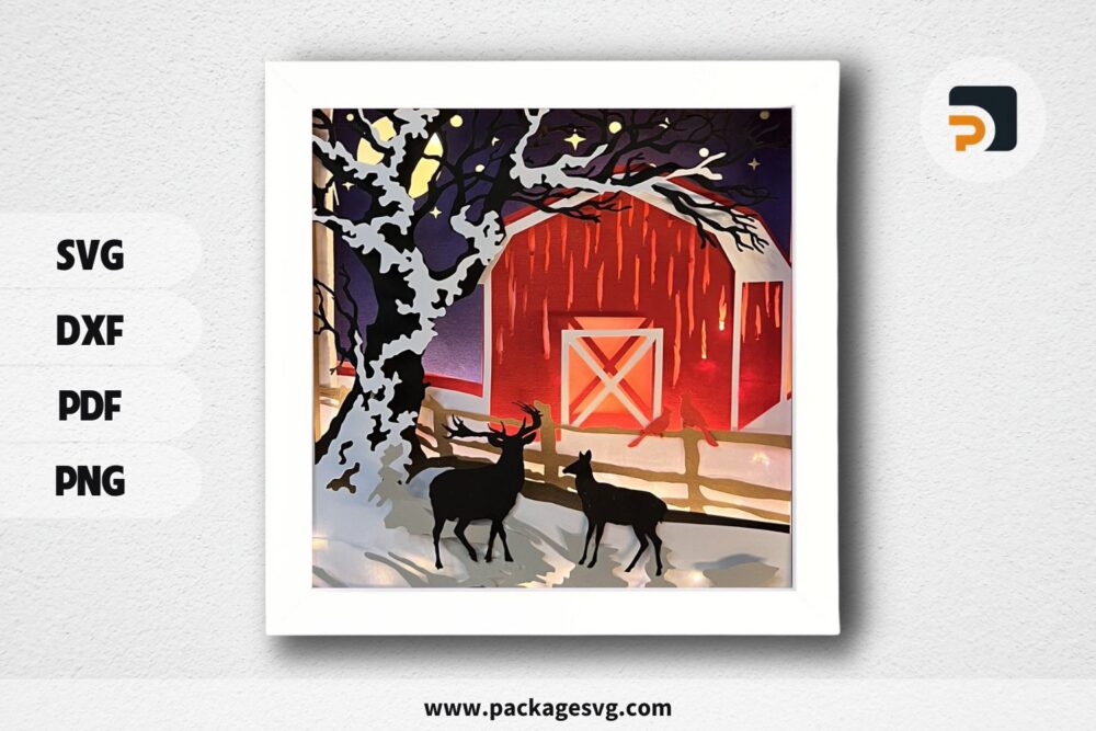 3D Deer Cardinal Barn In Winter Shadowbox SVG, Christmas Paper Cut File LO8E7J78