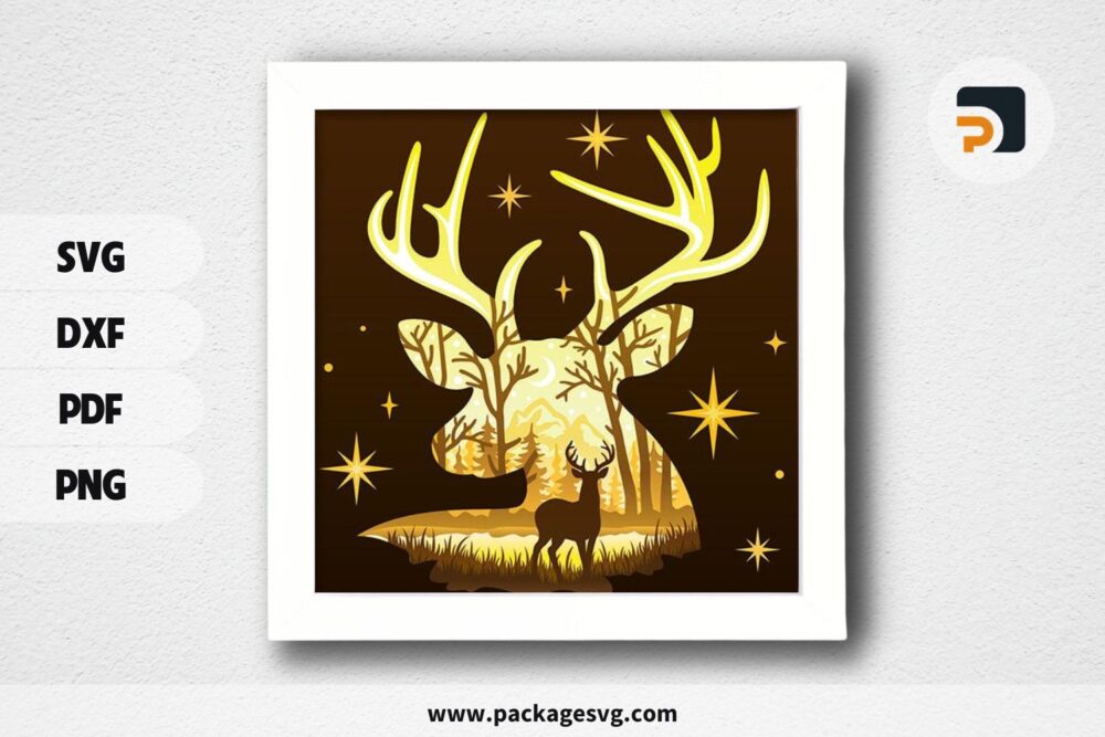 3D Deer In The Forest Lightbox, SVG Paper Cut File LOTEH7L3