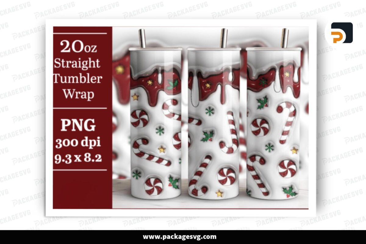 3D Inflated Candy Cane Sublimation, 20oz Skinny Tumbler Wrap Free Download
