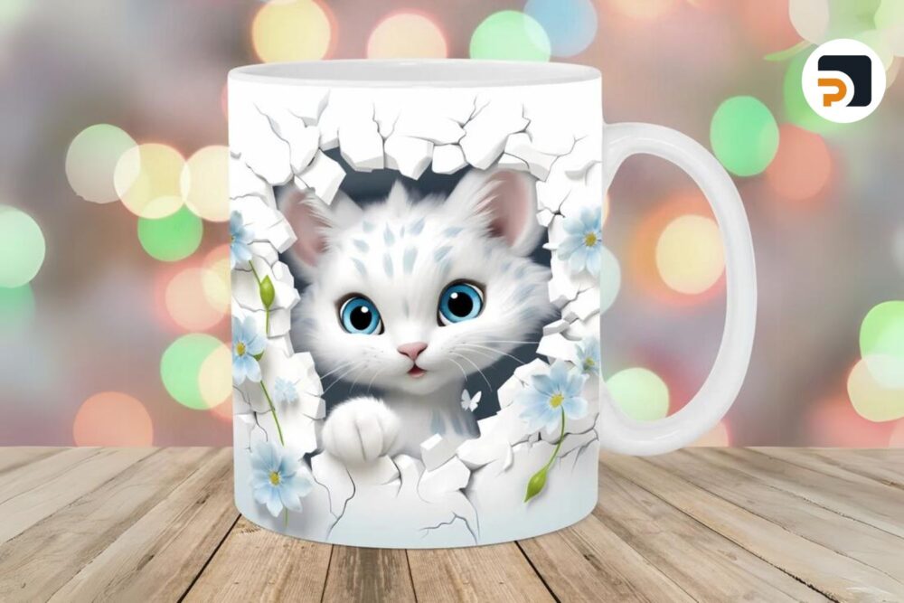 3D Kitten Hole In Wall Sublimation, 11oz 15oz Skinny Mug Wrap