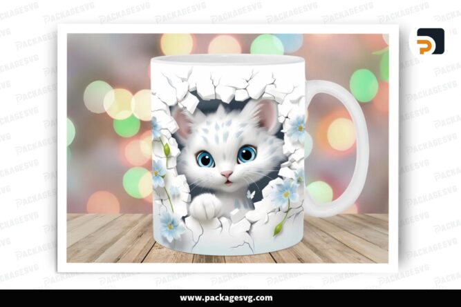 3D Kitten Hole In Wall Sublimation, 11oz 15oz Skinny Mug Wrap