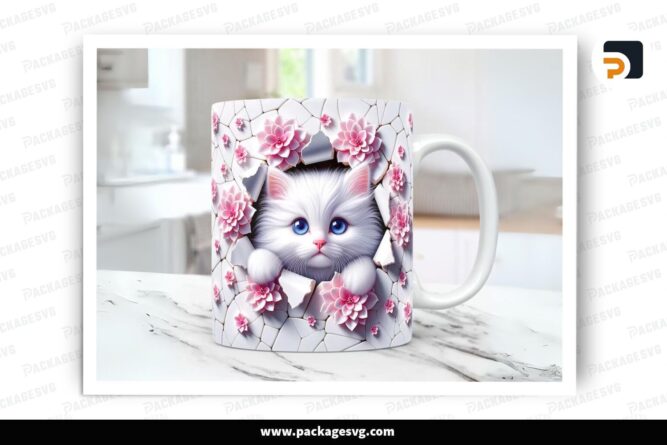 3D Kitten Pink Flower Hole In Wall Sublimation, 11oz 15oz Skinny Mug Wrap LP68CHW8