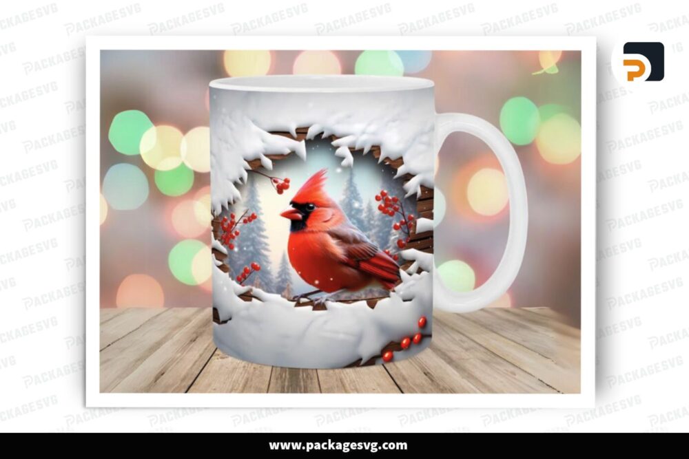 3D Red Cardinal Sublimation Design, 11oz 15oz Skinny Mug Wrap (2)