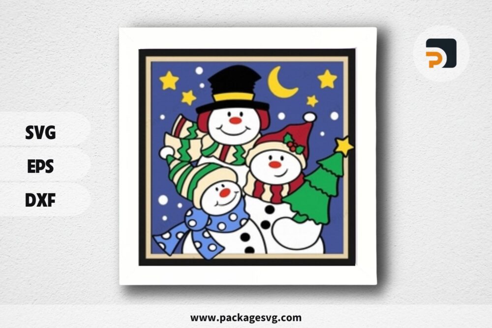 3D Snowman Family Shadowbox, Christmas SVG Paper Cut File