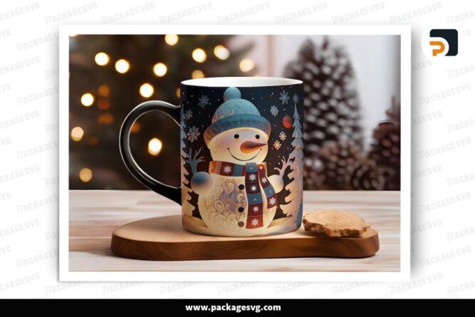 3D Warm Snowman Christmas Sublimation Design, 11oz 15oz Skinny Mug Wrap LPJ9ENR1