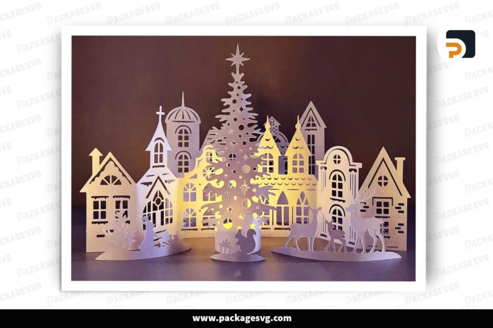3D Winter Scene With City Christmas Template, SVG Paper Cut File LOME2YFP