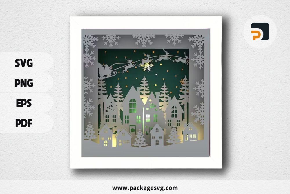 3D Winter Village Shadowbox, Christmas SVG Paper Cut File