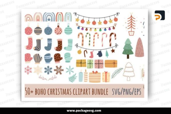 Boho Christmas Clipart Bundle, 50 Design Free Download