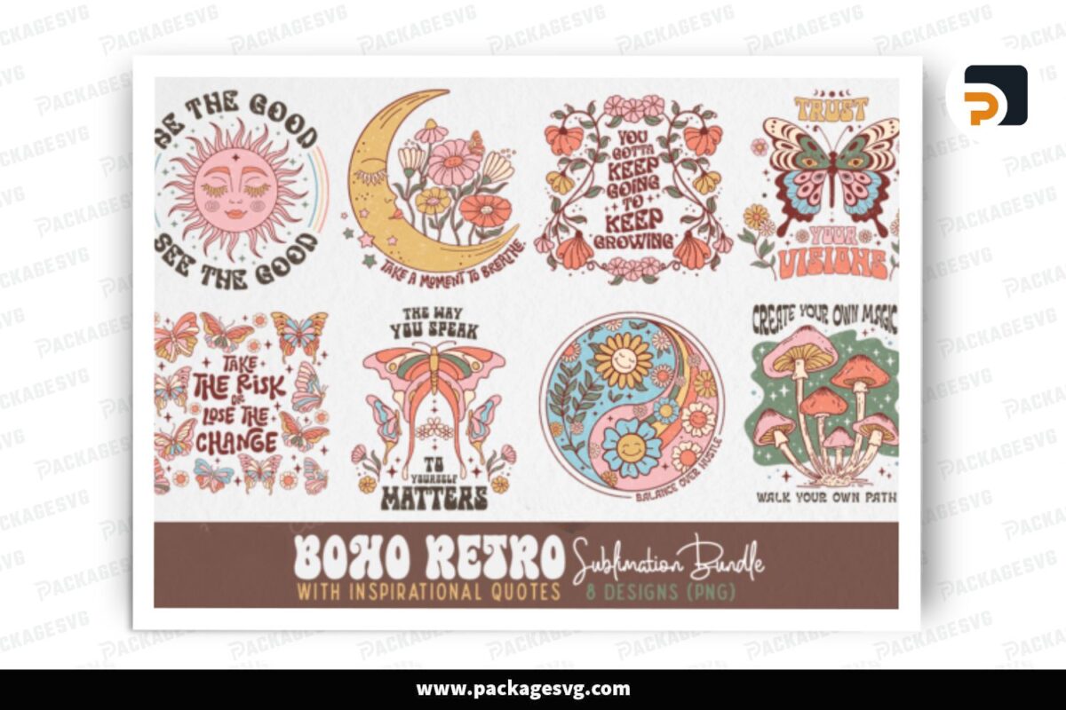 Boho Retro Inspirational Quote Bundle, 8 Sublimation Design Free Download