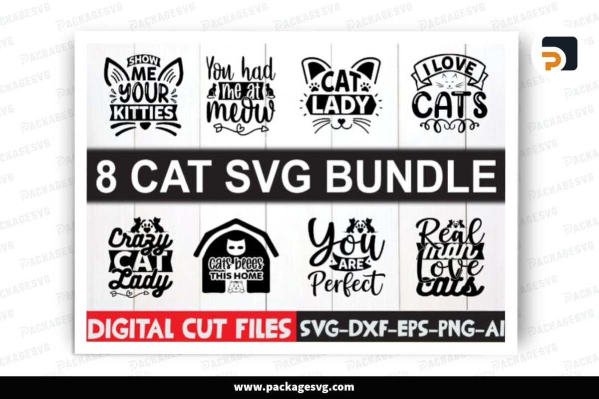 Cat SVG Bundle, 8 Design Files Free Download