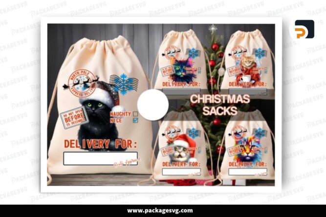 Cats Santa Sack Christmas PNG Bundle, 5 Sublimation Designs LP99Q9A1