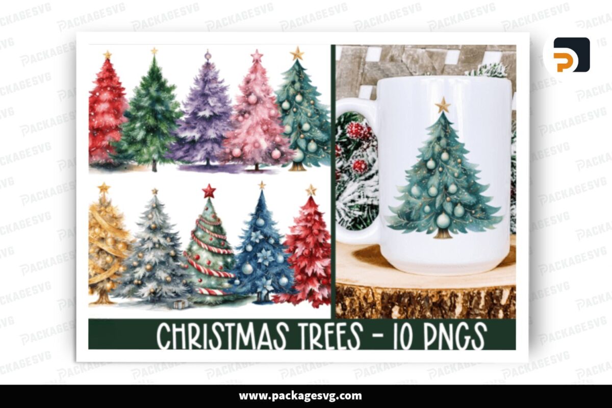 Christmas Tree Clipart Bundle, 10 PNG Sublimation Design Free Download