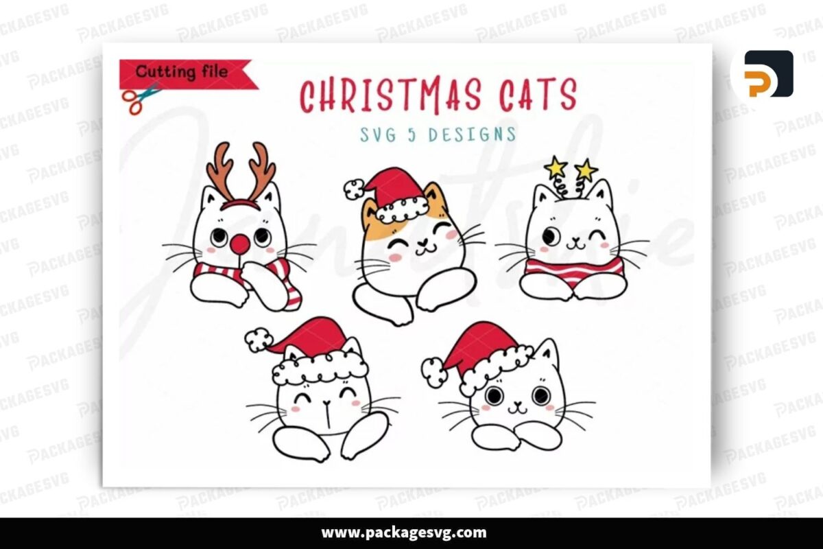 Christmas Cat Clipart SVG Bundle, 5 Designs Cut File Free Download