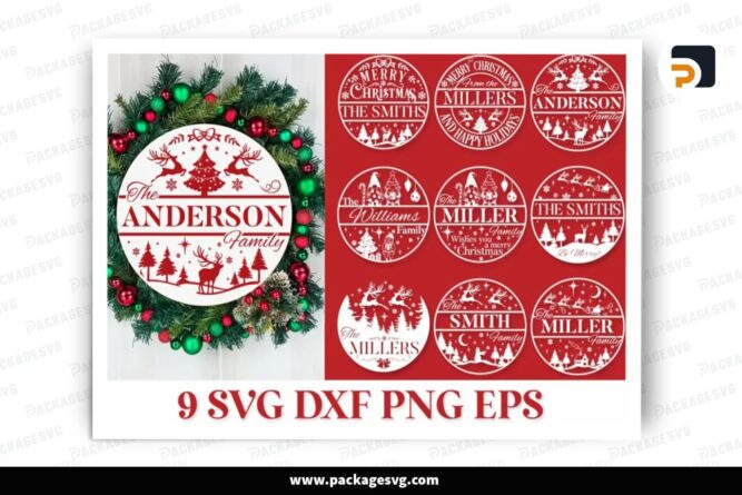 Christmas Family Name Sign SVG, 9 Round Christmas Ornament SVG PNG DXF EPS Digital Download LEI5CFOK