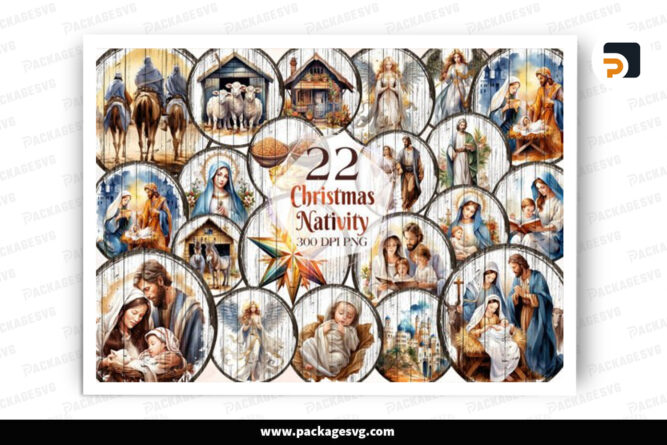 Christmas Nativity Ornaments Clipart Bundle, 22 Round Sign Designs LONQOEHM