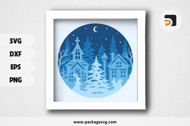 Christmas Winter Night Village Lightbox, SVG Paper Cut File