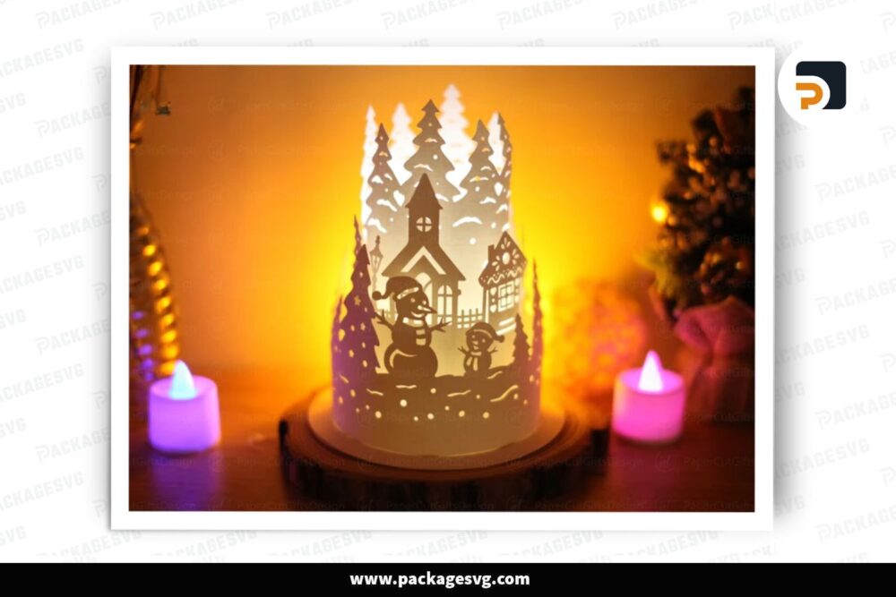 Christmas With Snowmans Dome Lantern, Christmas SVG Paper Cut File