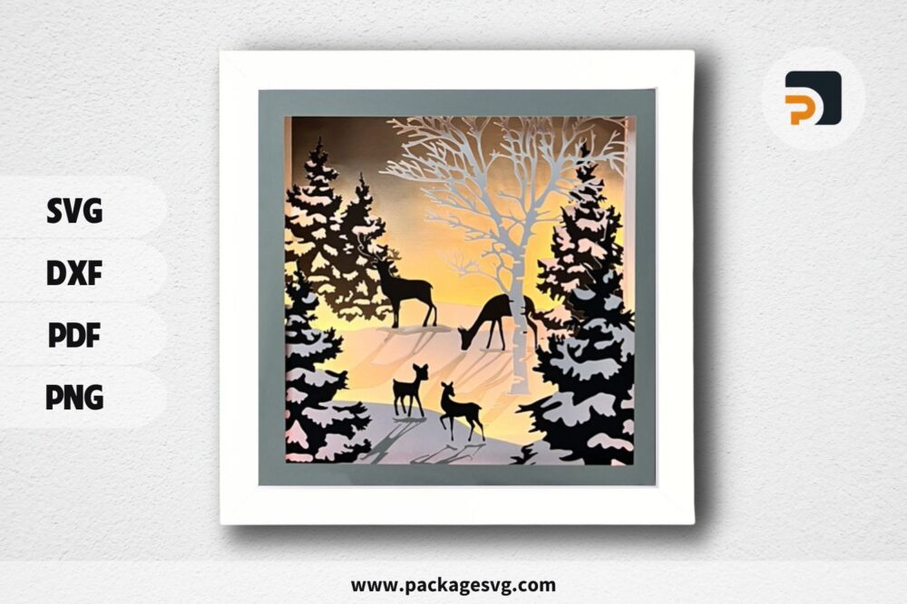 Deer In Forest 3D Shadowbox, Lightbox SVG Digital Download LNIAJW5D - 1