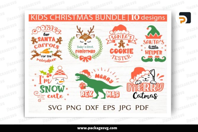 Kids Christmas SVG Bundle, 10 Design Files