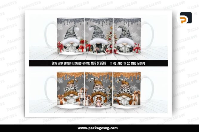 Leopard Print Gnomes Christmas Sublimation Design, 11oz 15oz Skinny Mug Wrap LPAMVU6I
