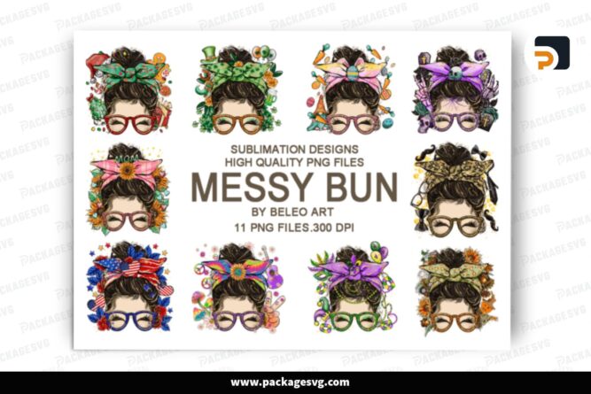 Messy Bun Black Hair PNG Bundle, 11 Sublimation Designs LOV749HZ