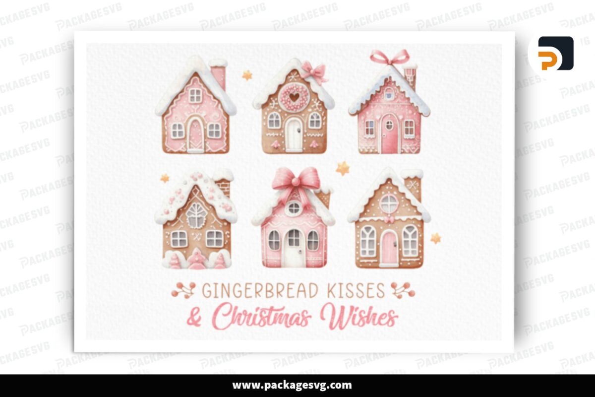 Pink Christmas Gingerbread Houses PNG Sublimation Free Download
