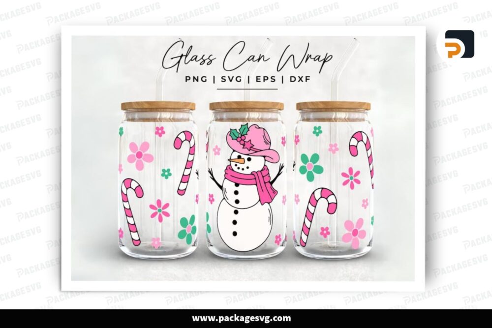Pink Snowman Libbey SVG, 16oz Glass Can Wrap