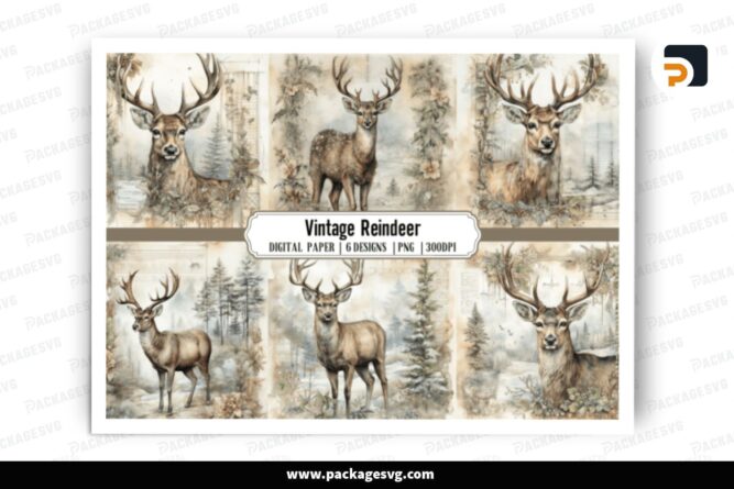 Reindeer Vintage Background Bundle, 6 Sublimation Designs