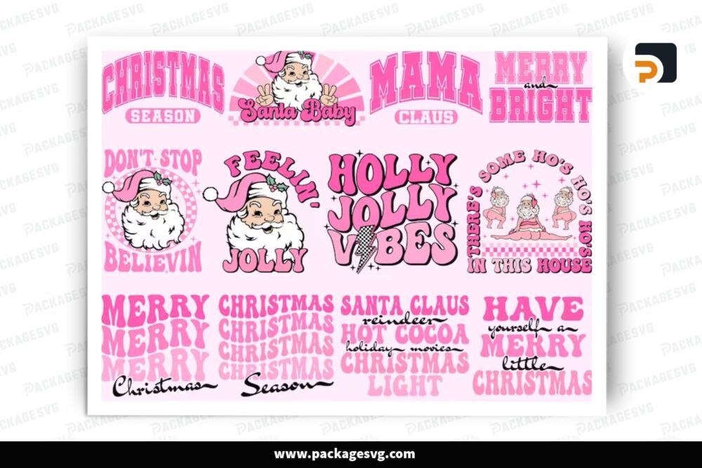 Retro Pink Christmas SVG Bundle, 12 Xmas Design Files LPGCJATL (1)