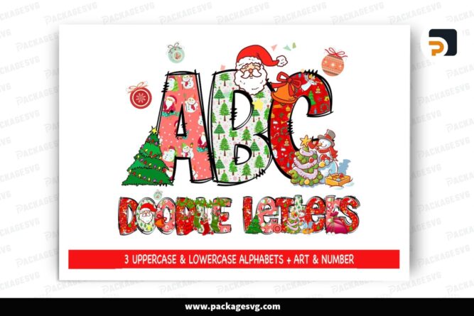 Santa Christmas Doodle Alphabet Letters Numbers, Xmas Cliparts Font