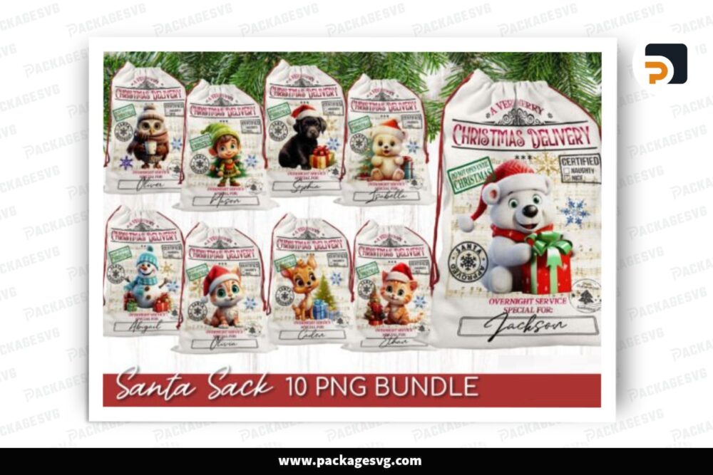 Santa Christmas Sack PNG Bundle, 10 Sublimation Designs LP7ZOMPY