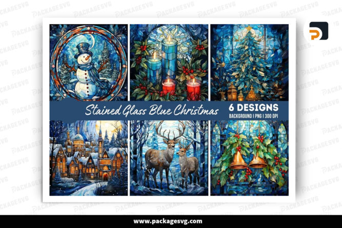 Stained Glass Christmas Blue Background Bundle, 6 Sublimation Designs LOK7L2E3