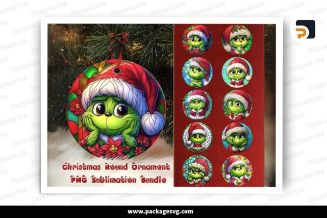 Baby Grinch Stained Glass Ornament Bundle, 10 Christmas Sublimation Designs