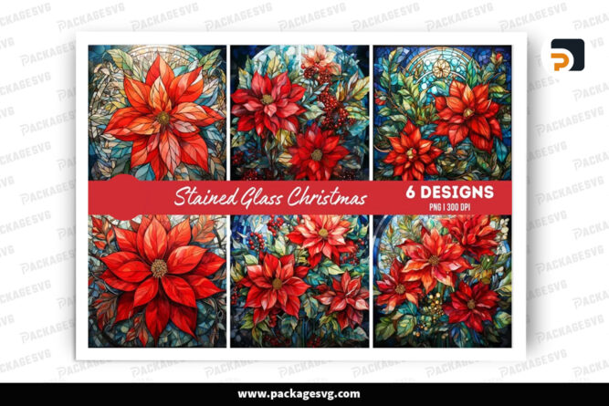 Stained Glass Poinsettia Background Bundle, 6 Sublimation Designs LOIHGFI1