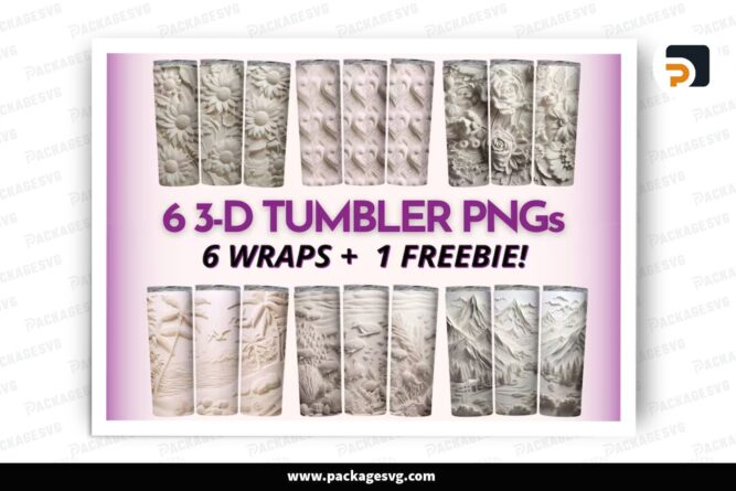 3D Carved Sublimation Bundle, 6 Designs 20oz Skinny Tumbler Wrap