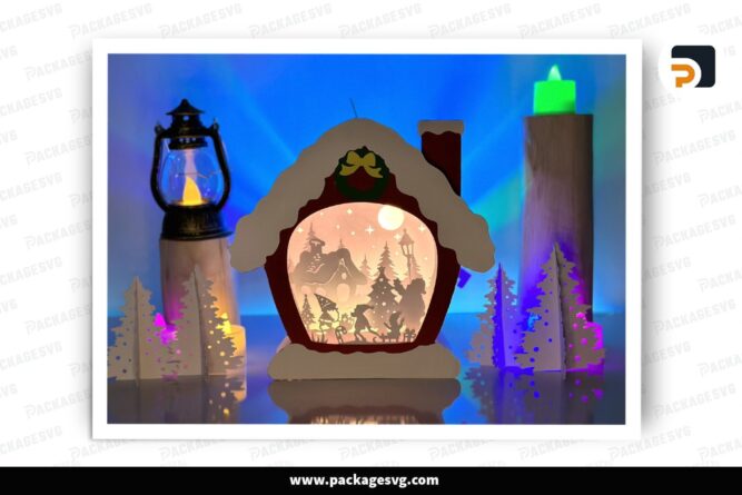 The Elf Xmas Snow House Lantern, Christmas SVG Paper Cut File LOPK757D