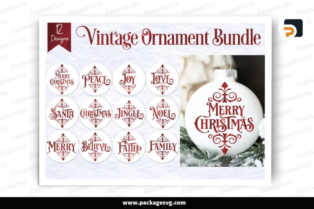 Vintage Christmas Ornament SVG Bundle, 12 Designs