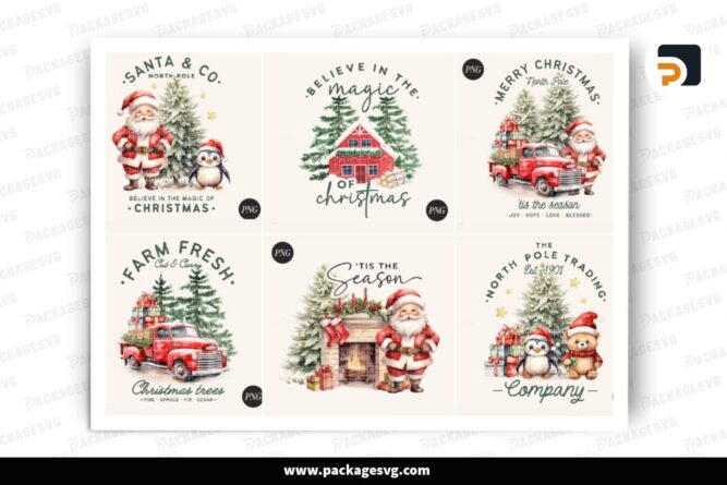 Vintage Christmas PNG Bundle, 6 Sublimation Designs