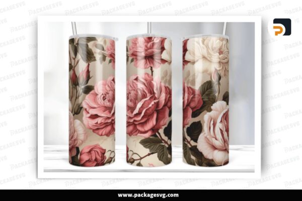 Vintage Pink Roses Sublimation, 20oz Skinny Tumbler Wrap Free Download