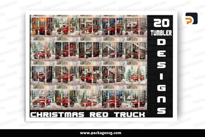 Vintage Red Christmas Truck Snow Sublimation Bundle, 20 Designs 20oz Skinny Tumbler Wrap LOTHU1W1
