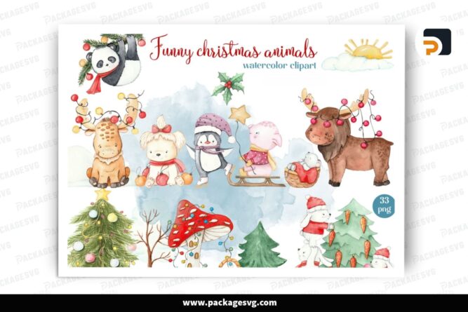 Watercolor Funny Christmas Animal Clipart Bundle, 33 PNG Sublimation Designs LPJH9MEN (2)