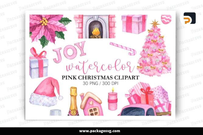 Watercolor Pink Christmas Clipart Bundle, 30 PNG Sublimation Designs LPJGJYQD (3)