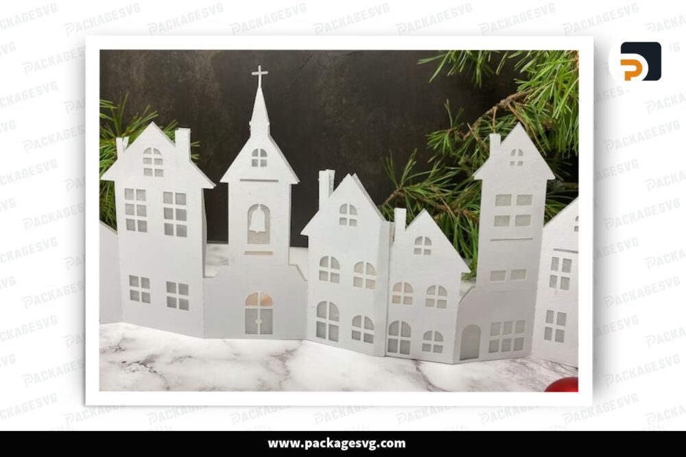 Winter Display Christmas Village With Lights, SVG Paper Cut File LPJH919G