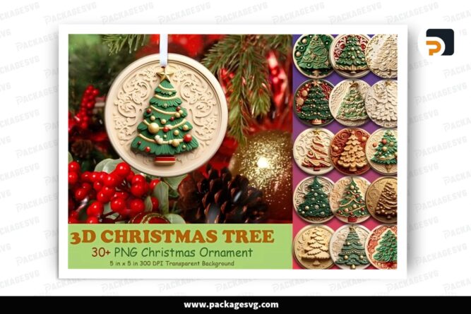 3D Christmas Tree Ornament Bundle, 32 PNG Sublimation Design LQBNICT5