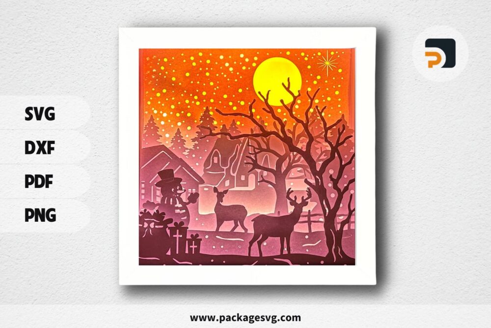 3D Deer In Winter Night Shadowbox, Christmas SVG Paper Cut File (2)