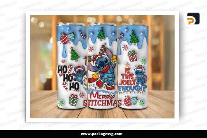 3D Inflated Merry Stitchmas Sublimation Design, 20oz Skinny Tumbler Wrap LQAADGCY